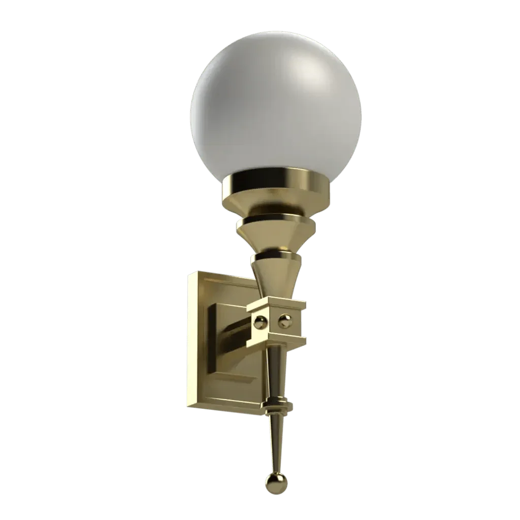 Symphonia sconce featuring a golden metal wall mount with a spherical white glass shade for elegant lighting