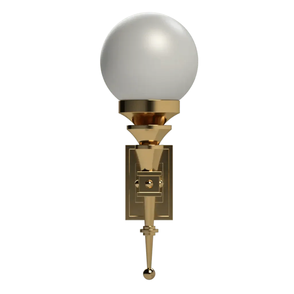 A golden symphonia sconce wall light with a spherical white glass shade for elegant indoor lighting
