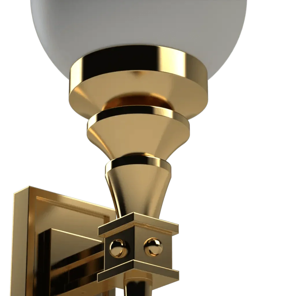 Ornate gold symphonia sconce with a spherical white glass shade designed for elegant wall lighting