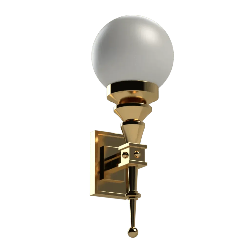 Symphonia sconce featuring a gold-finished wall mount with a spherical white glass shade for elegant lighting