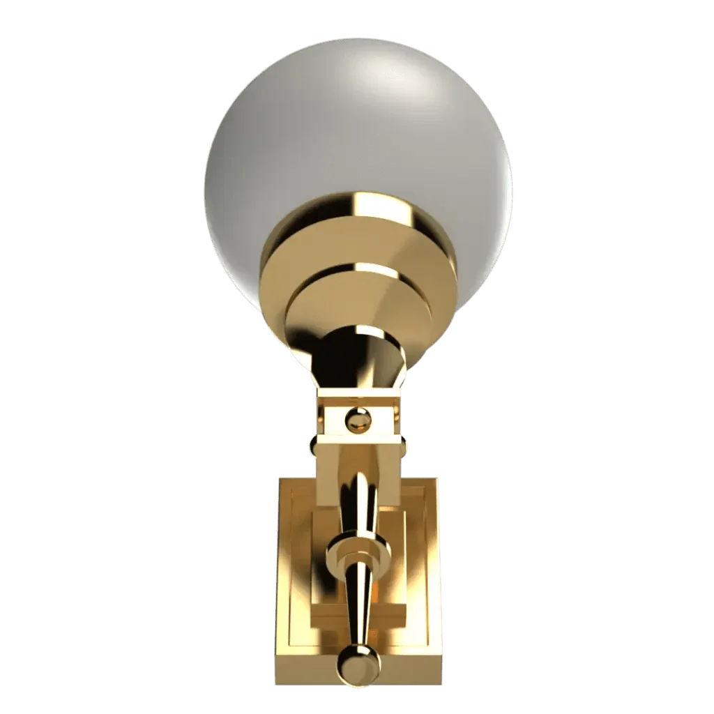 Symphonia sconce gold and white wall sconce with a spherical white glass shade and metal base