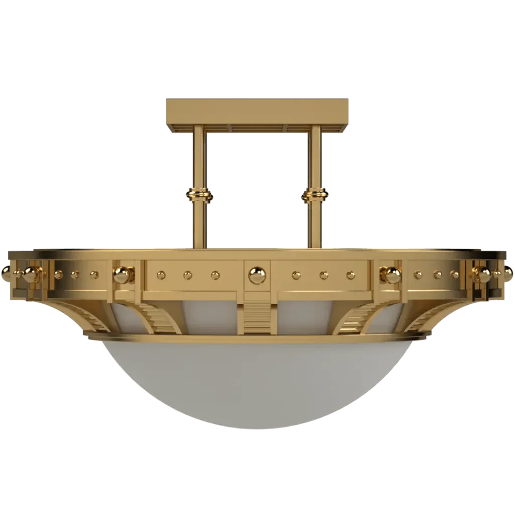 Symphonia Semi-Flush Mount - polished brass finish, detail of turned stem and spun elements