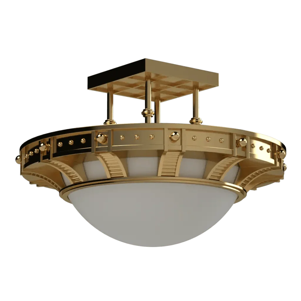 Symphonia Semi-Flush Mount - polished brass finish, three-quarter view with light on
