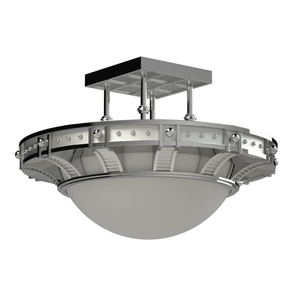 Symphonia Semi-Flush Mount - polished brass finish, front view showing turned and spun components with glass globe
