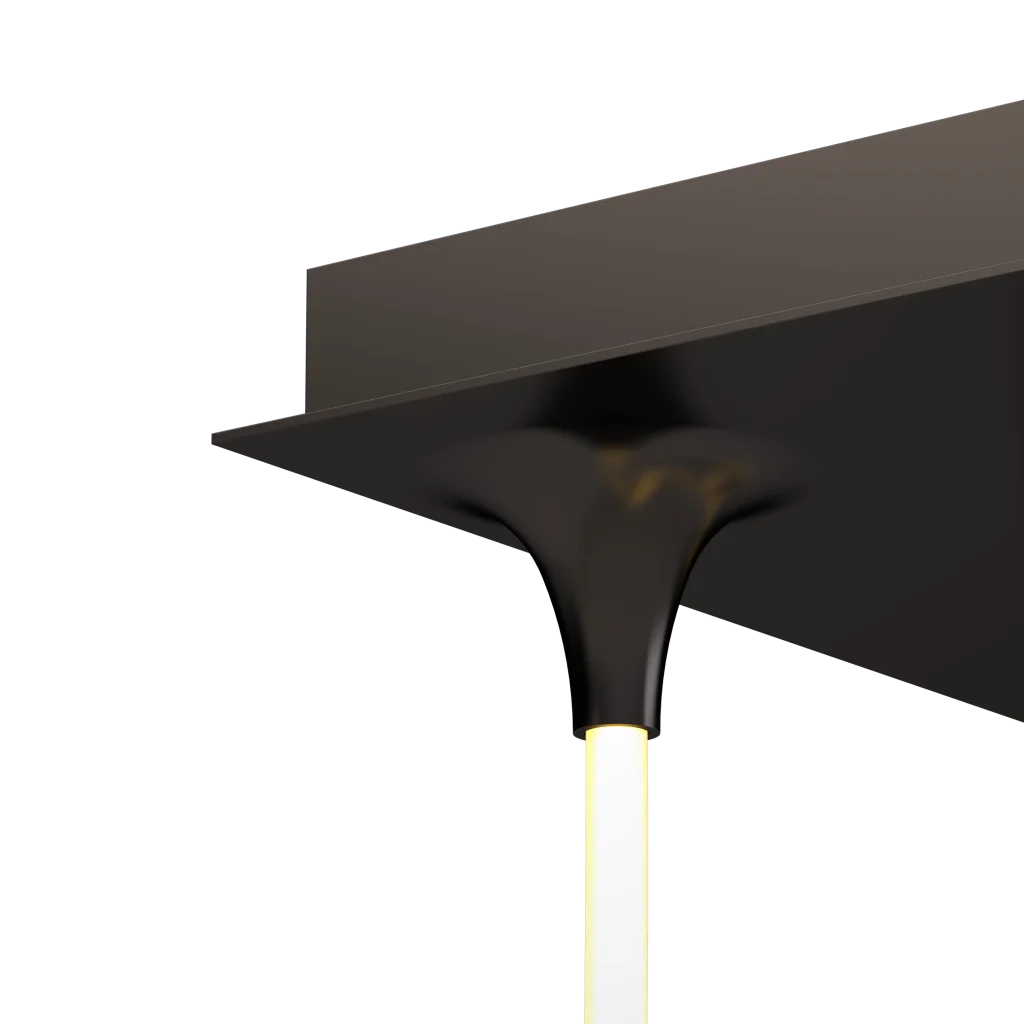 Black ceiling-mounted light fixture with a downward-facing trumpet-shaped base and a glowing cylindrical bulb.