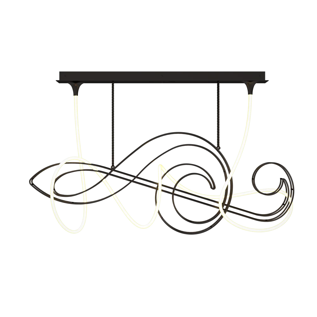 Black chandelier with glowing white flexible neon light tubes forming abstract swirling patterns.
