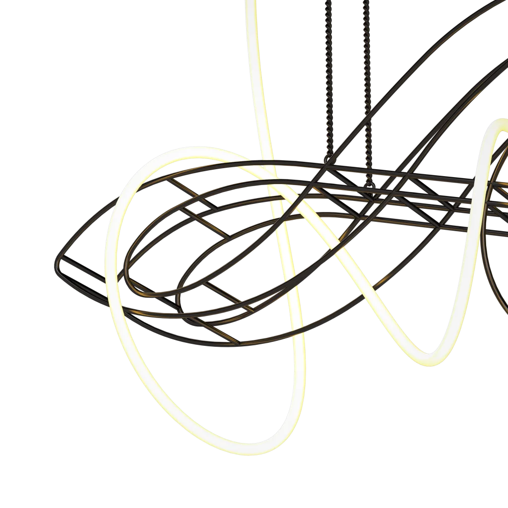 A modern, abstract chandelier with glowing, curved light tubes intertwined within a dark, intricate metal framework.