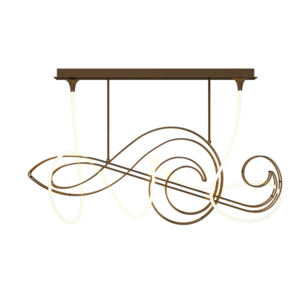 A modern, linear pendant light fixture with a brown rectangular canopy and abstract, swirling bronze-toned metalwork intertwined with glowing white LED strips.