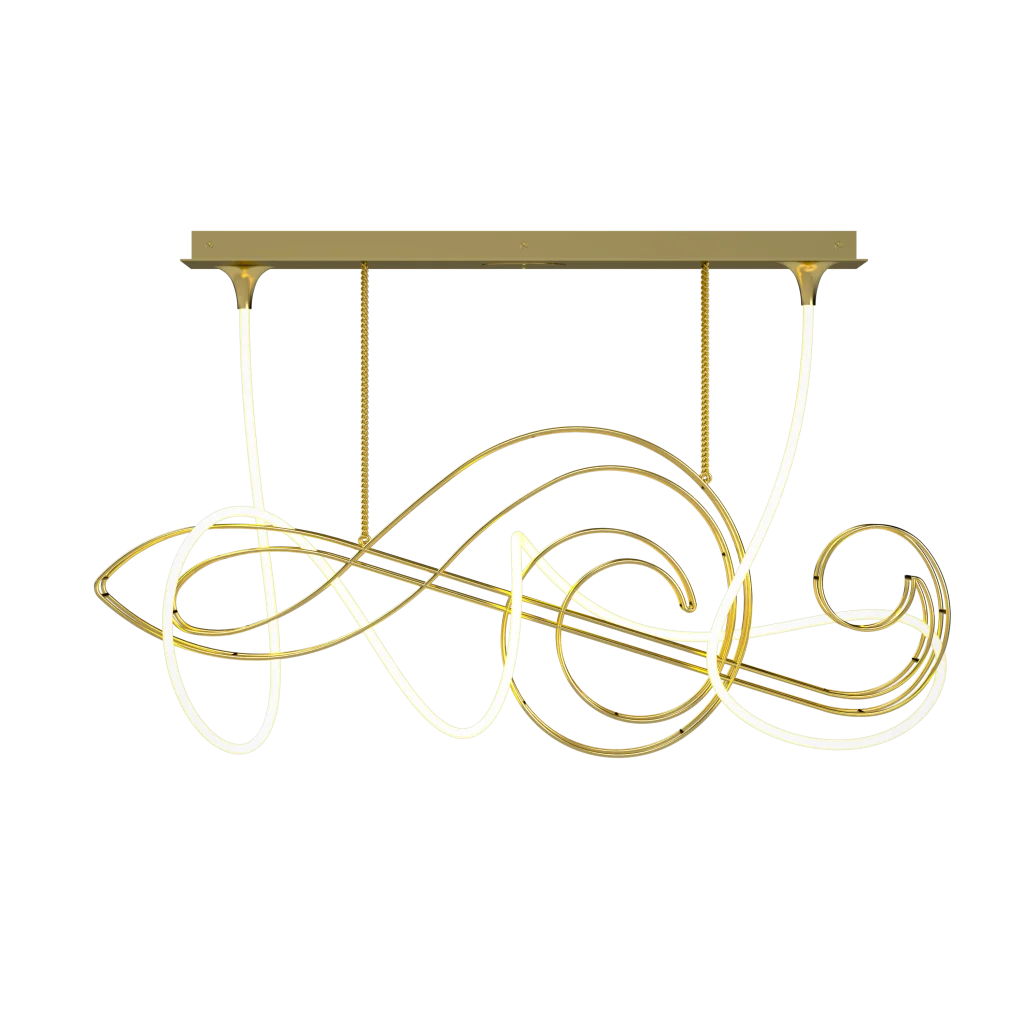 Gold-toned chandelier with swirling illuminated tubes.