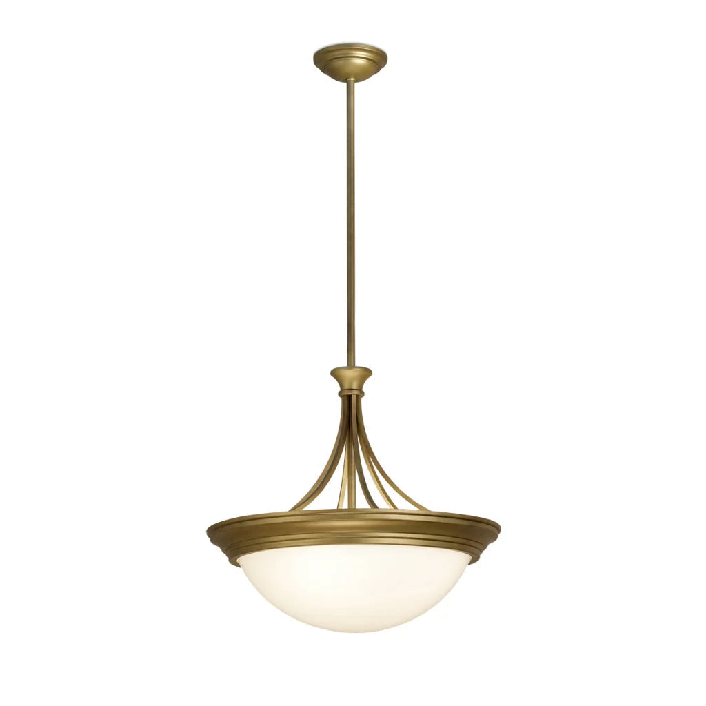 Brass-finished pendant light with a frosted glass dome.