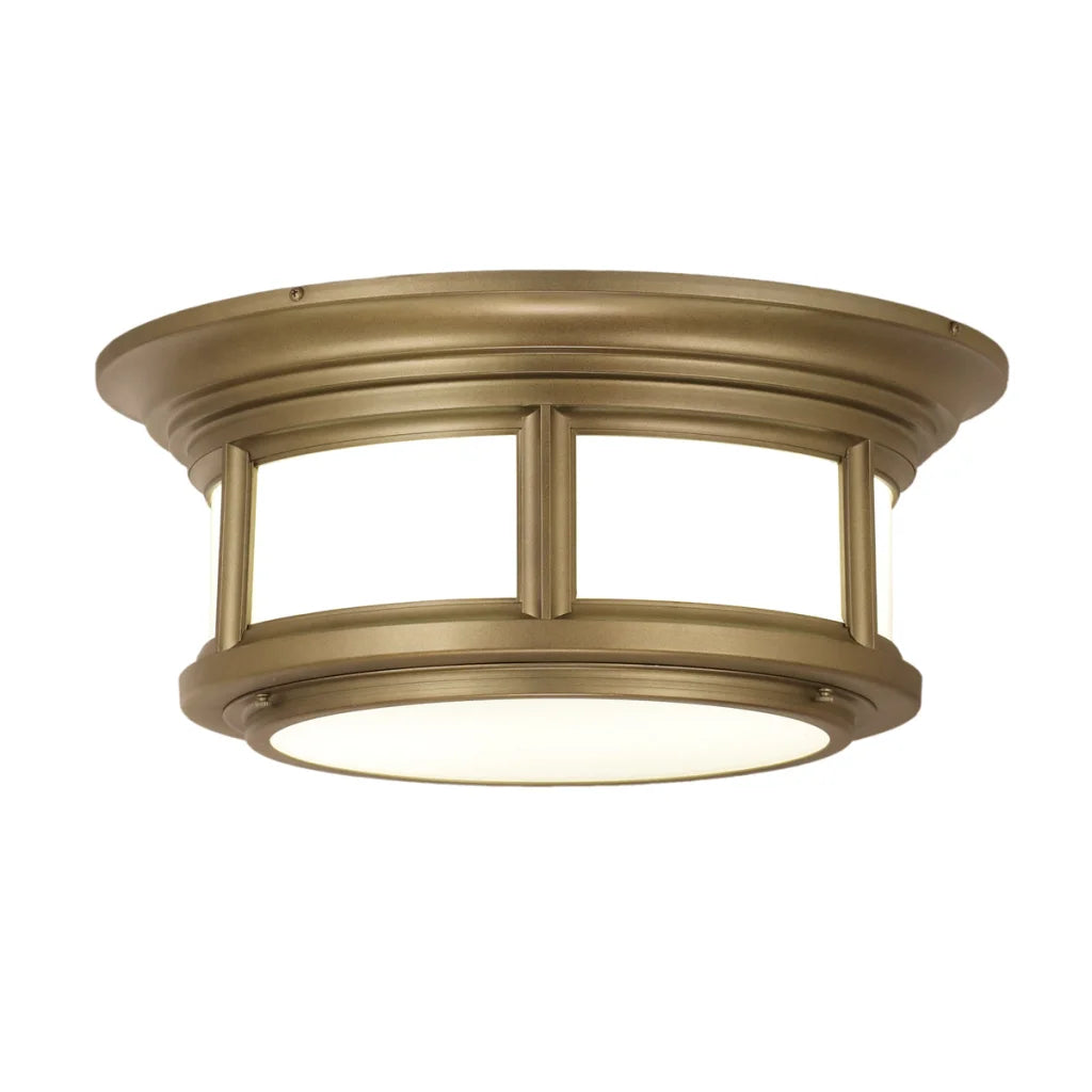 Brass-finished ceiling light with a circular, lantern-style design featuring frosted glass panels and an integrated diffuser.