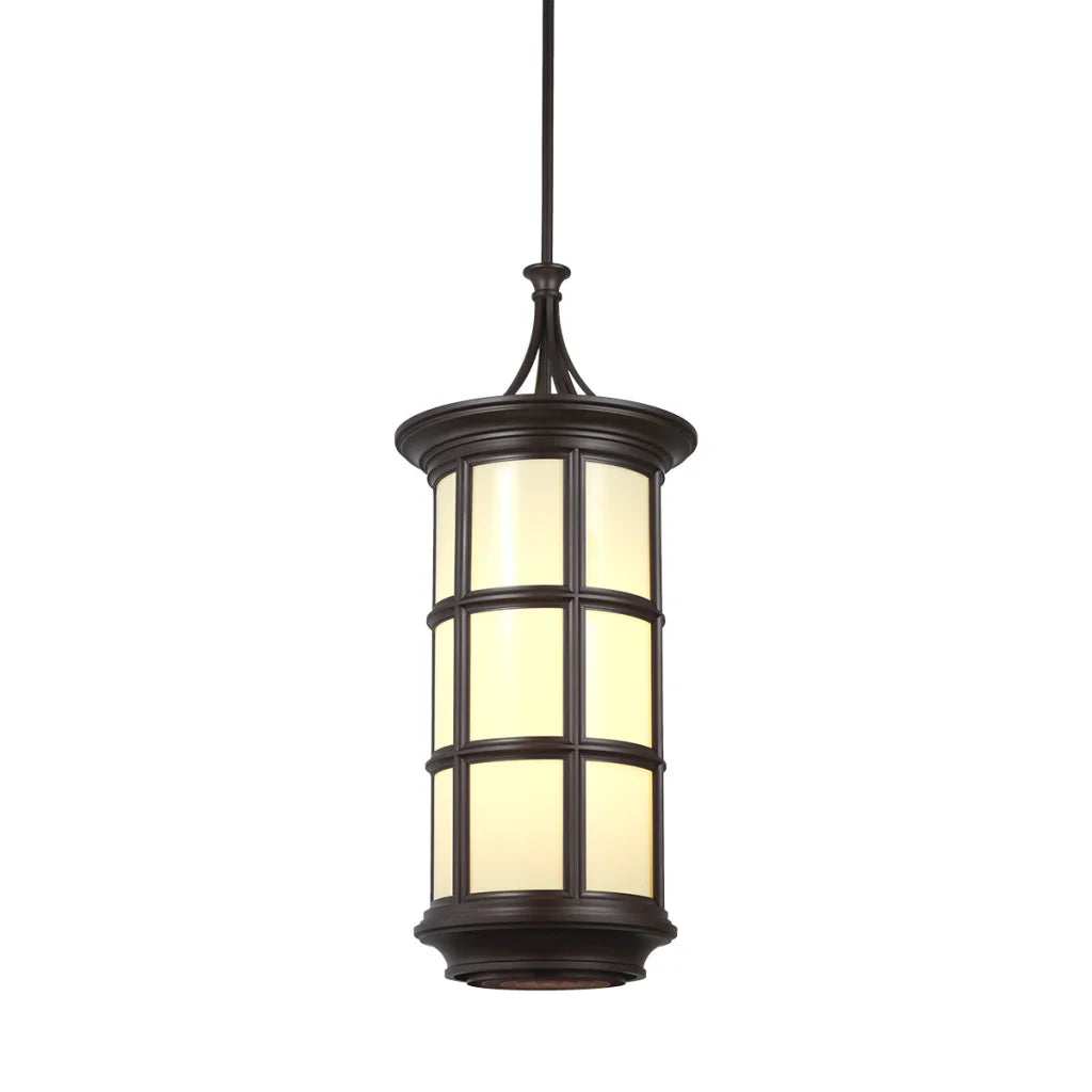 Dark bronze pendant lantern with a grid of warm, frosted glass panels.