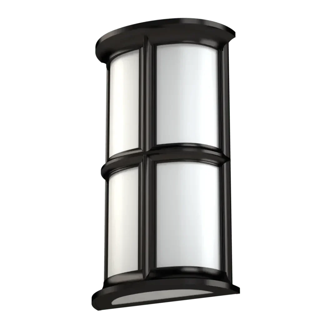 Black outdoor wall light Classic Tilton Sconce with four frosted glass panels and metal frame for exterior use