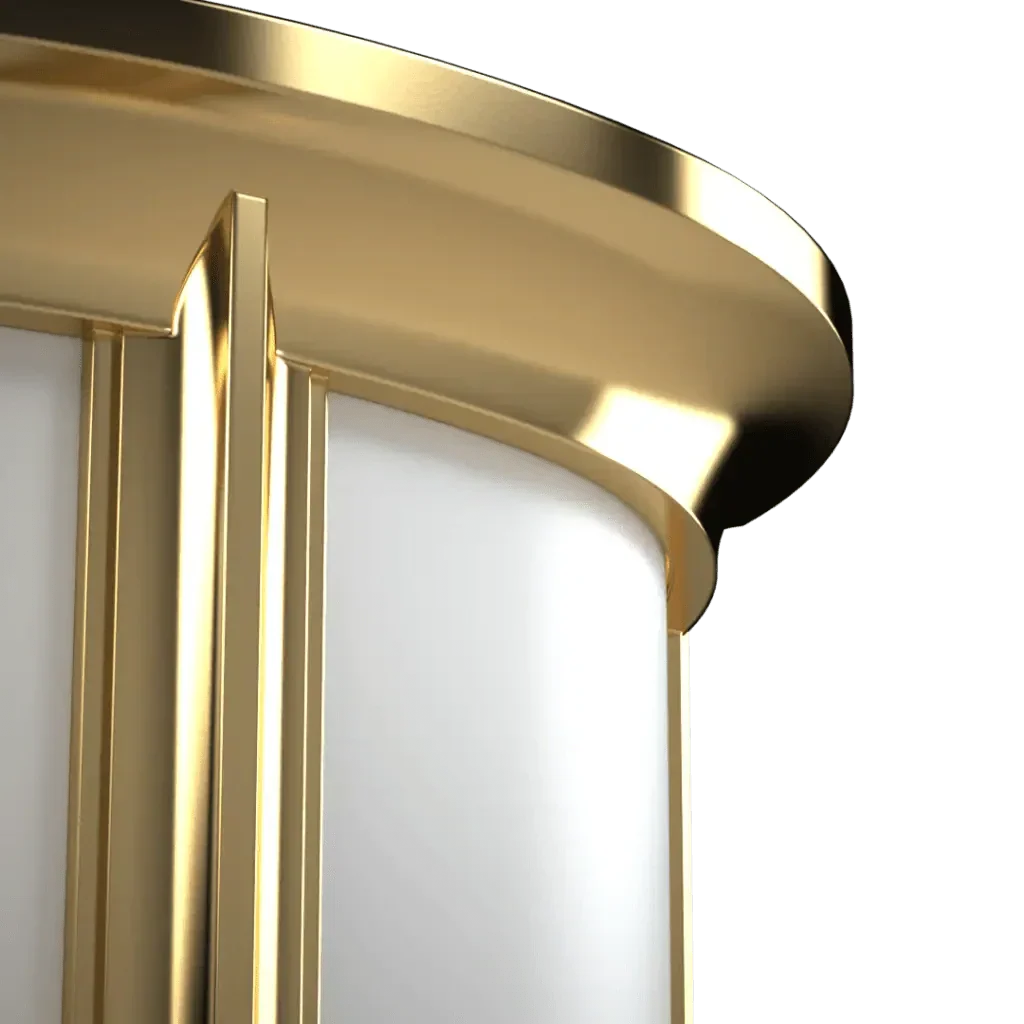 Classic Tilton sconce featuring a golden and white curved display stand with elegant metallic accents