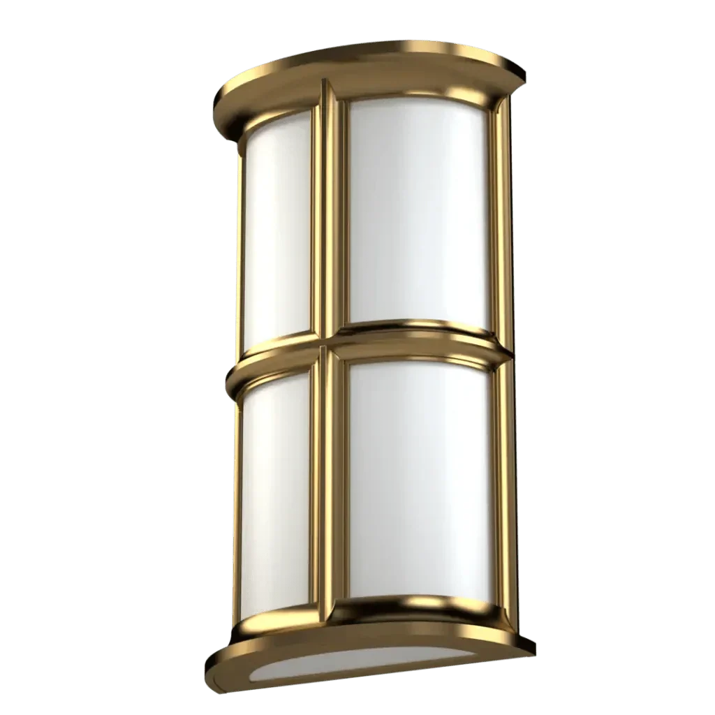 Classic Tilton sconce featuring a gold-trimmed curved metal wall mount with two frosted white glass panels