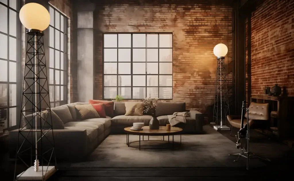 Industrial-style living room with a sectional sofa featuring two unique globe-top transmission floor lamps in black metal