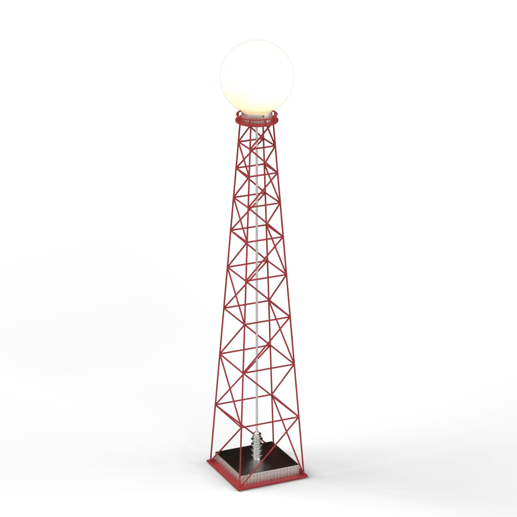 Red metal lattice transmission floor lamp with a large glowing white spherical top for indoor lighting