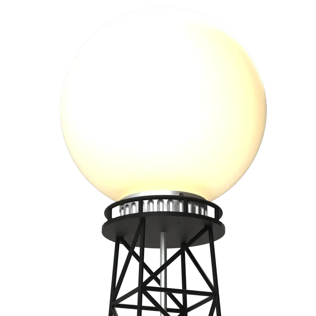 Transmission floor lamp featuring a spherical white light fixture atop a metal lattice tower for modern lighting