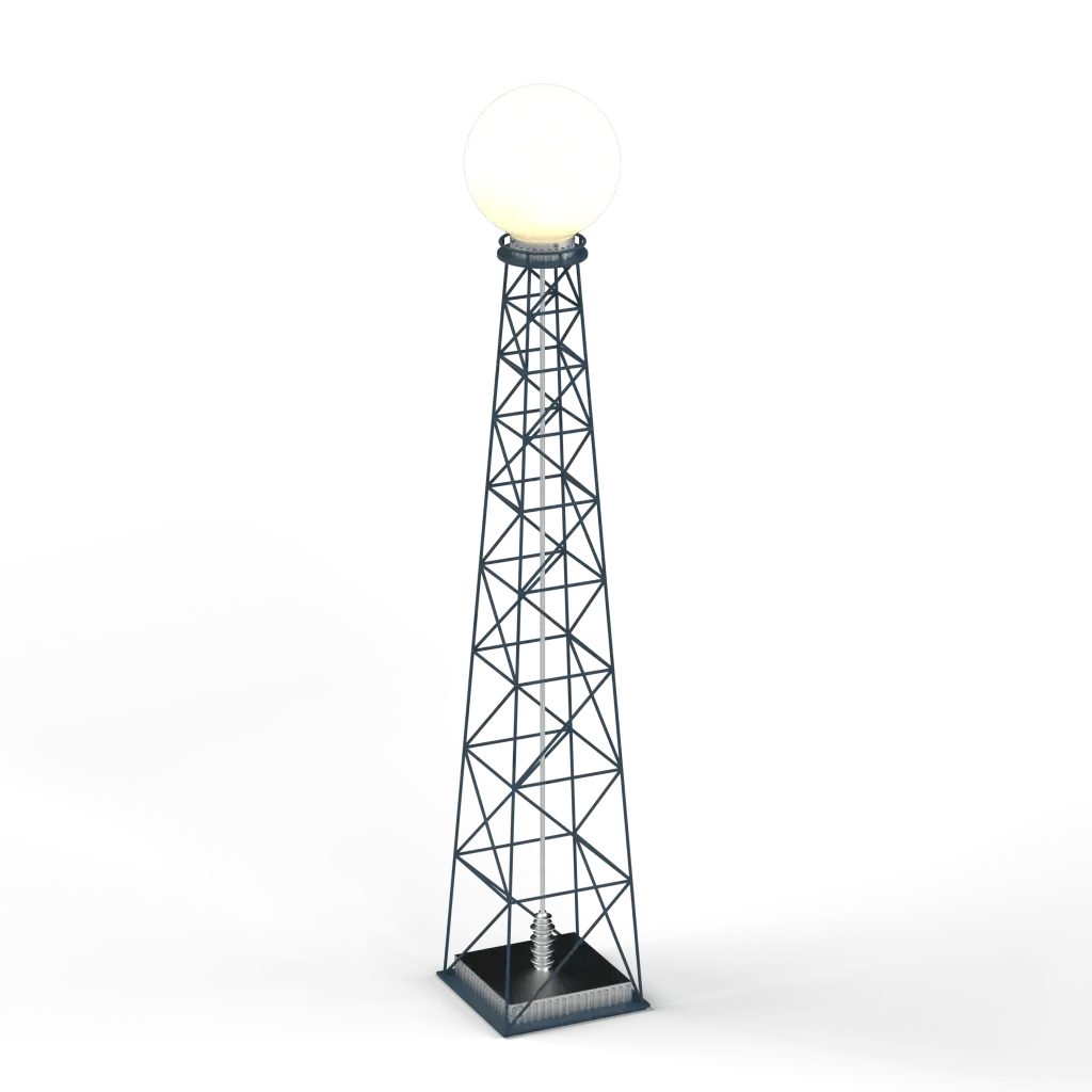 Transmission floor lamp featuring a tall dark gray metal tower with a large bright white spherical antenna light