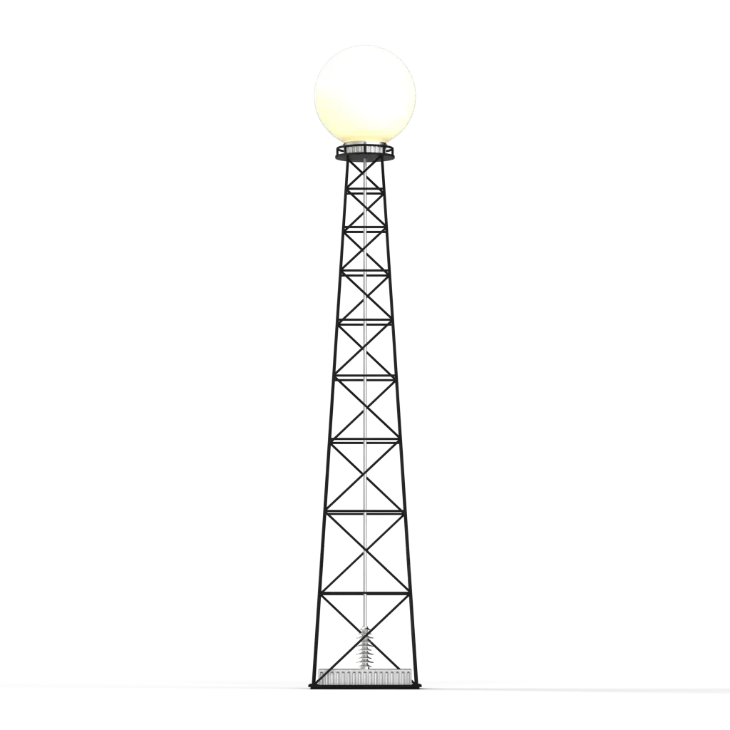 Transmission floor lamp with a tall dark gray metal lattice tower and a bright glowing white spherical light at the top
