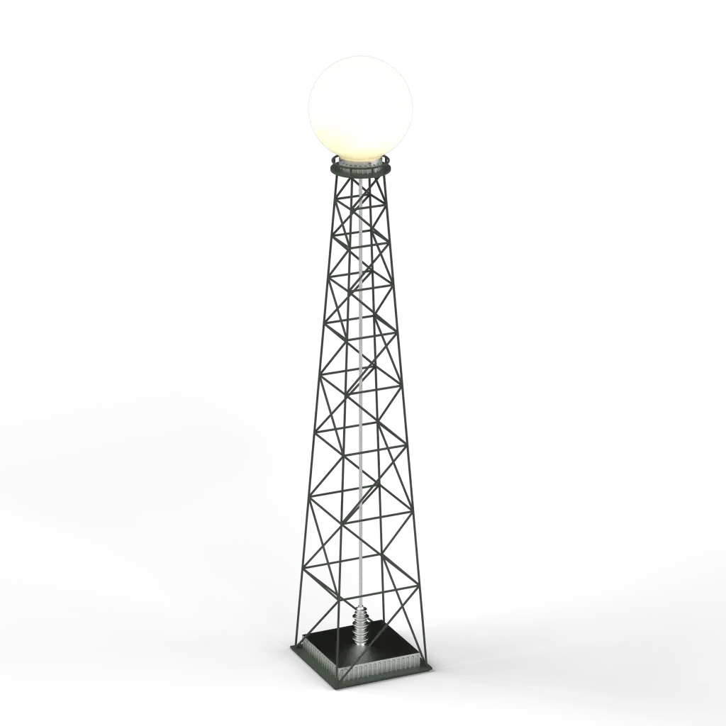 Transmission floor lamp with a tall dark gray metal pole and a bright spherical white lamp at its top