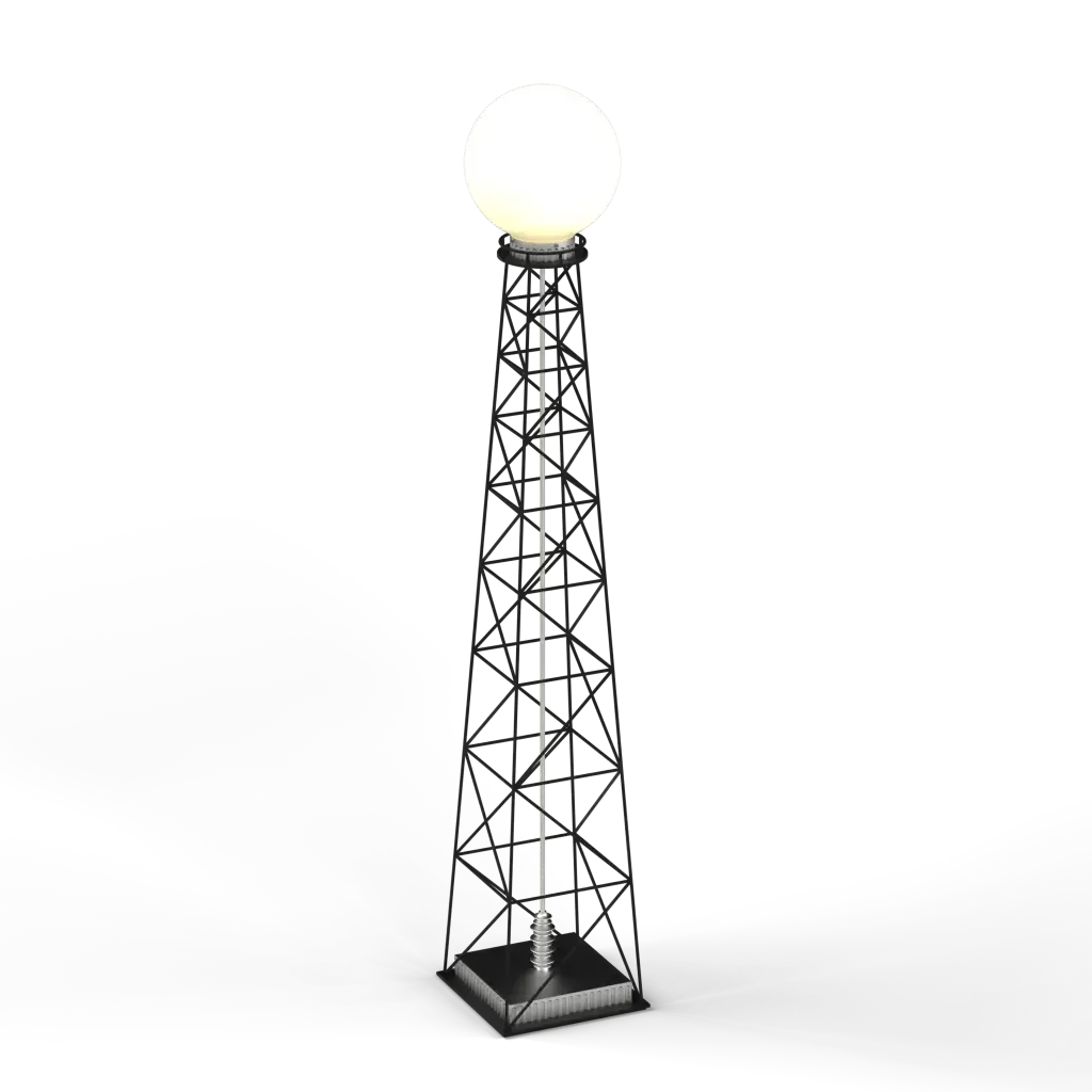 Transmission floor lamp with a tall slender black metal tower and a large glowing spherical light at the top