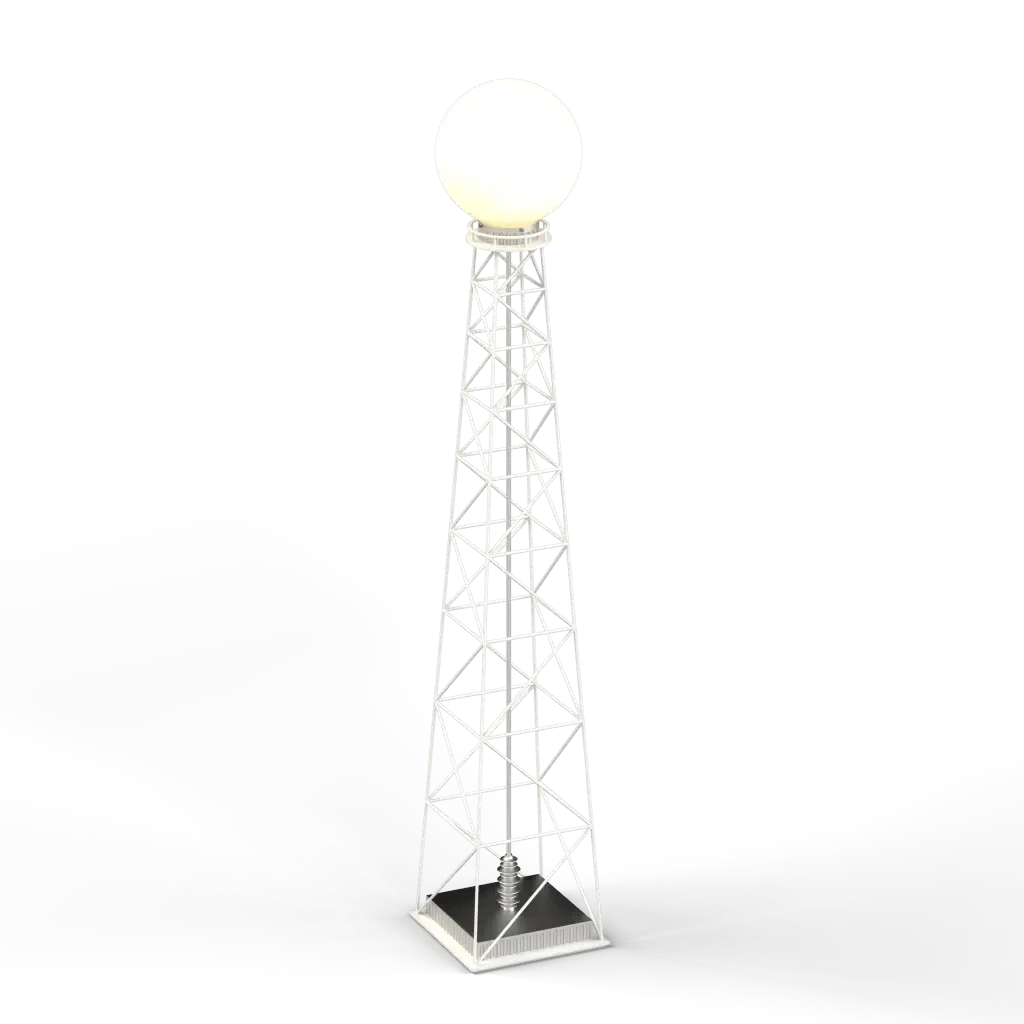 White lattice transmission floor lamp with spherical white radome showcasing modern industrial design