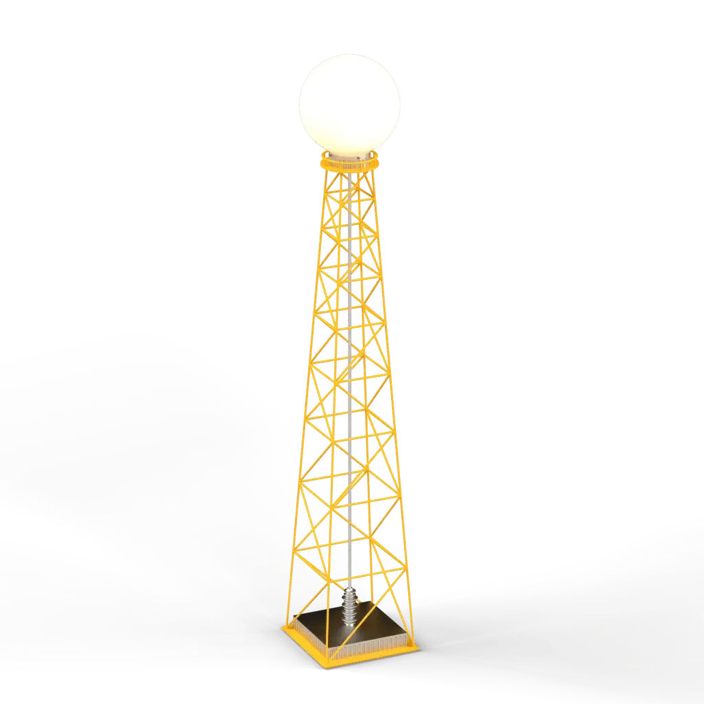 Yellow lattice transmission floor lamp with a spherical light on top providing ambient lighting