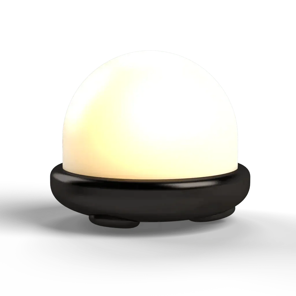 Trillium table lamp featuring a luminous white spherical glass shade and a dark metal base for ambient lighting