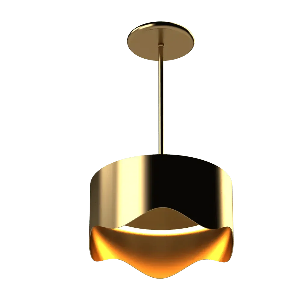 Ventus Pendant - polished brass finish, side profile showing thin suspension rod and circular ceiling canopy