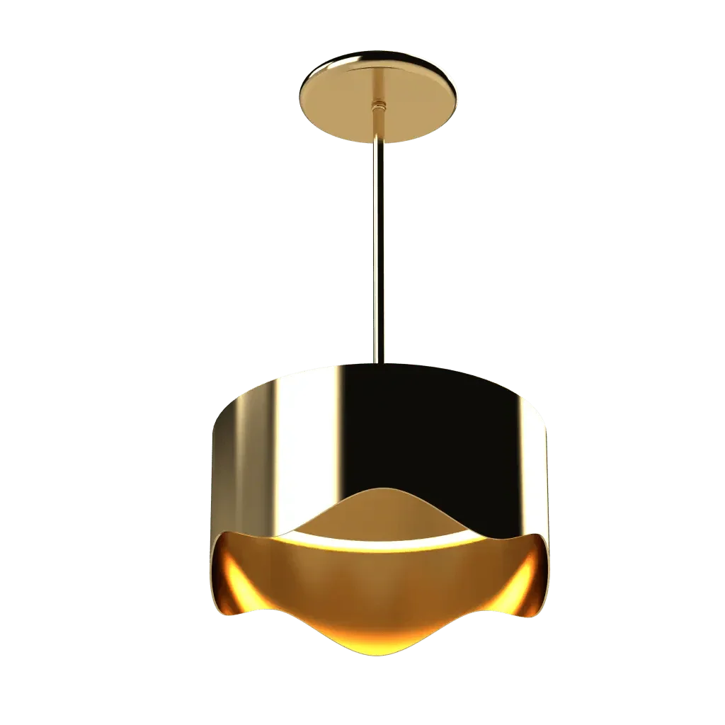 Ventus Pendant - polished brass finish, front elevation showing cylindrical drum shade with undulating wavy bottom edge