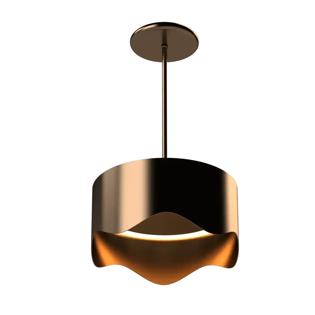 Ventus Pendant - polished brass finish, detail of wavy bottom edge with warm light glow