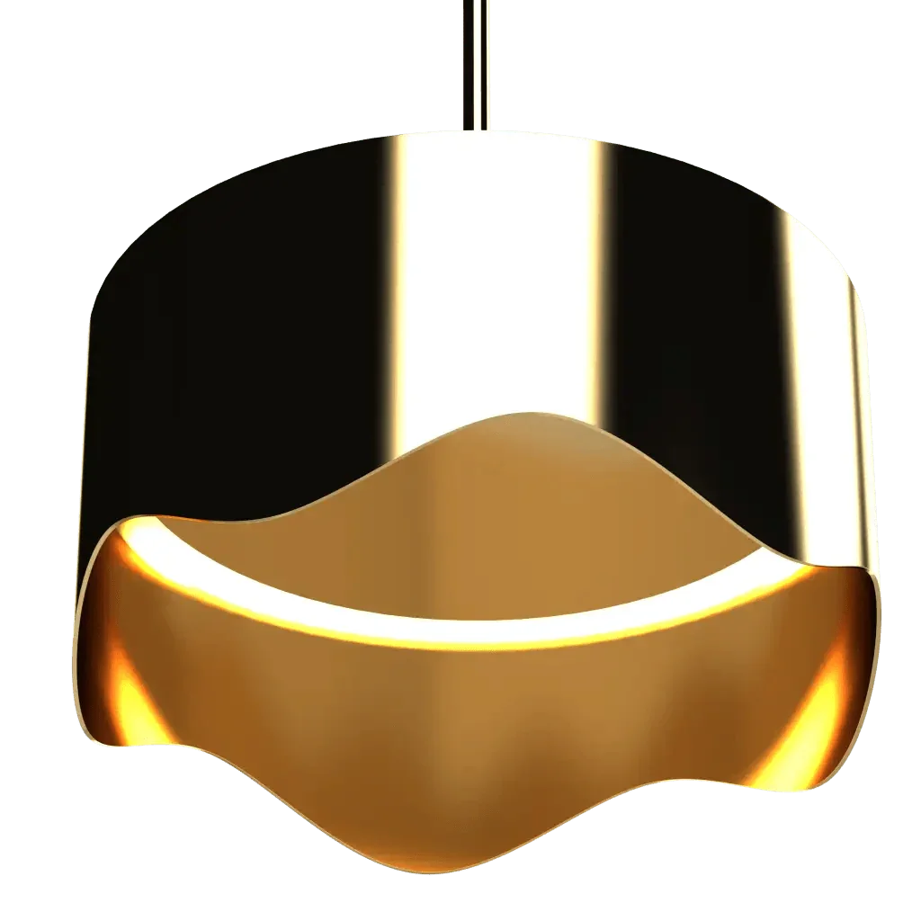 Ventus Pendant - polished brass finish, angled view showing dark interior contrasting with bright exterior