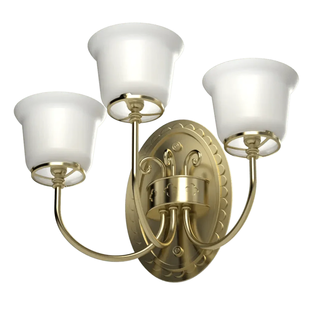 Washington Ave. Sconce - polished brass finish, three-quarter view showing solid brass arms and bell-shaped glass shades
