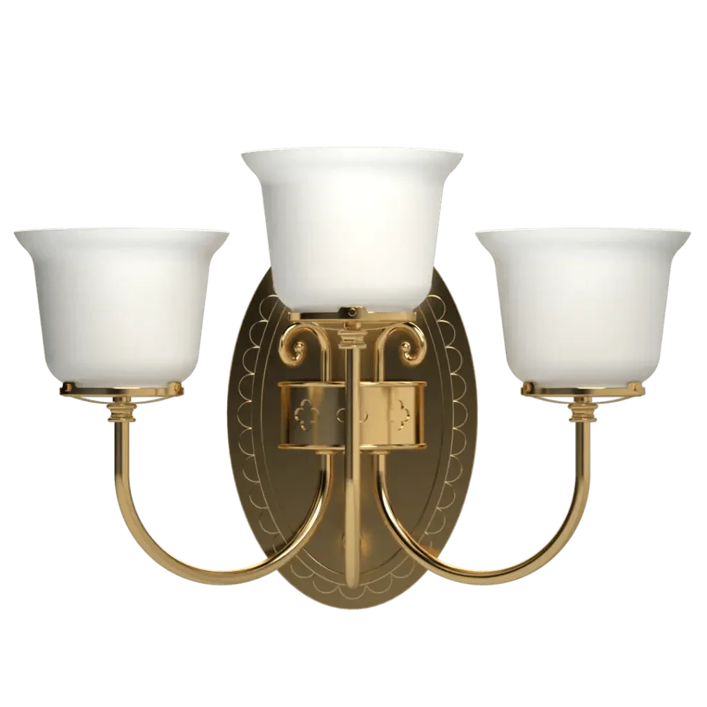 Washington Ave. Sconce - polished brass finish, close-up of bell-shaped white opal glass shade held by metal ring