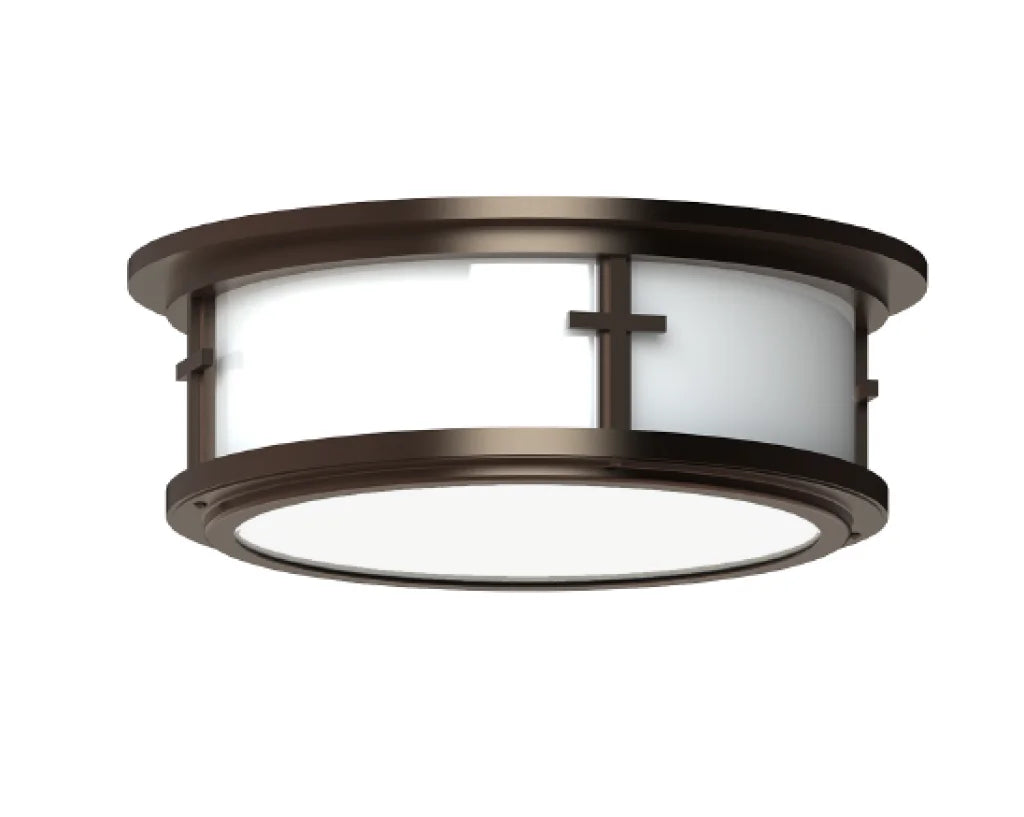 Bronze-finished ceiling light with a circular design, featuring frosted glass panels and a central cross motif.