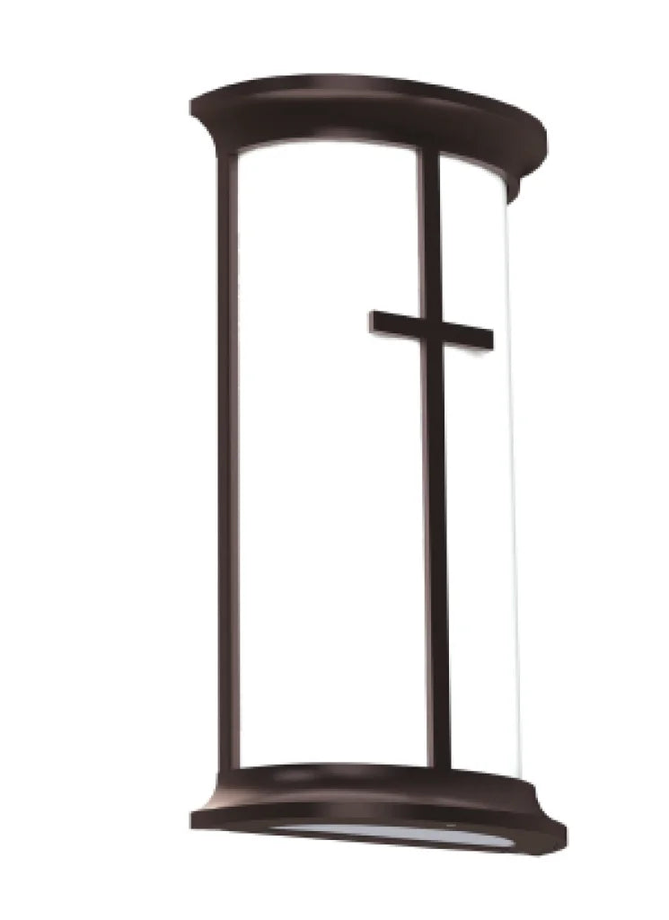 Black metal wall sconce with a clear glass panel and a simple cross design.