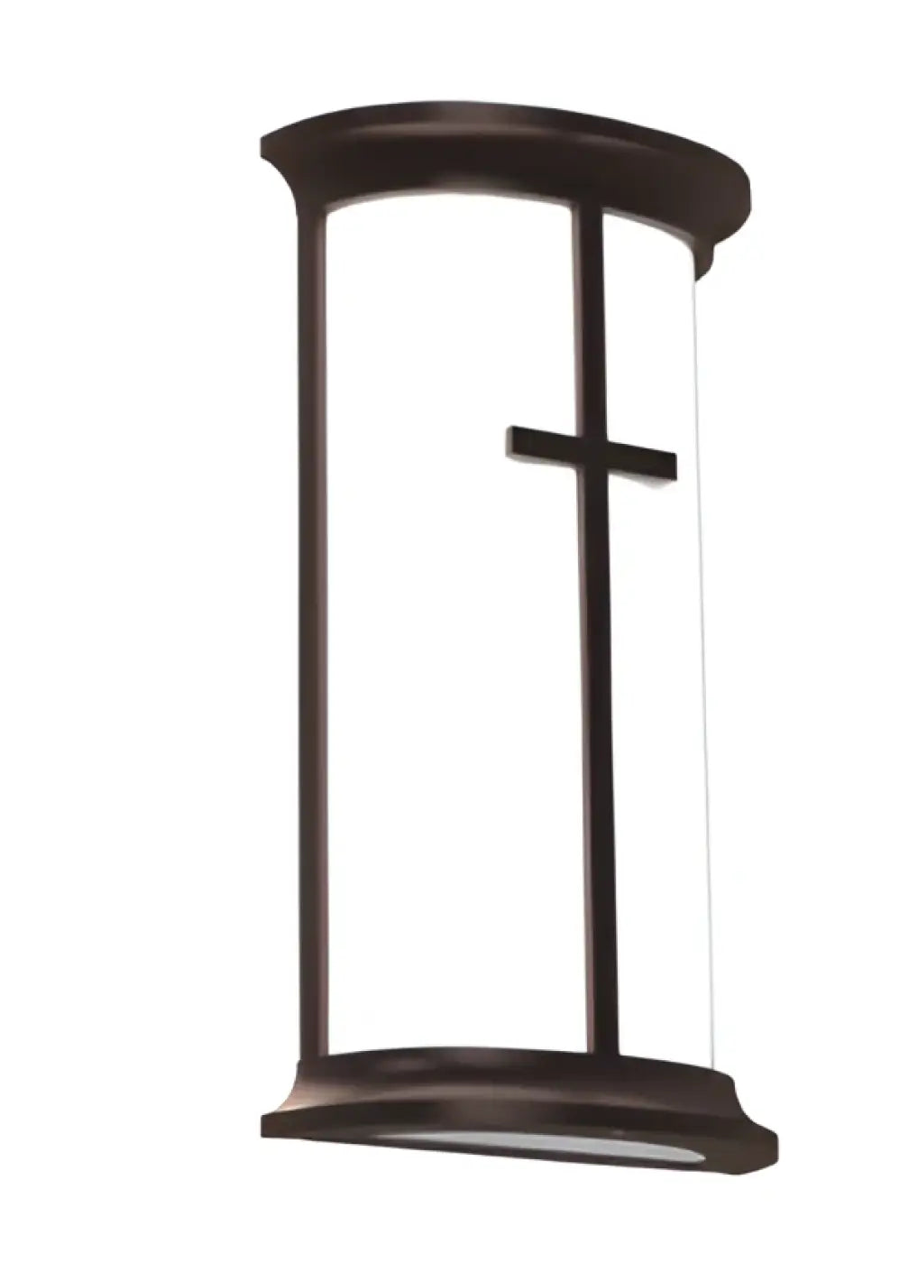 Black metal wall sconce with a clear glass panel and a simple cross design.
