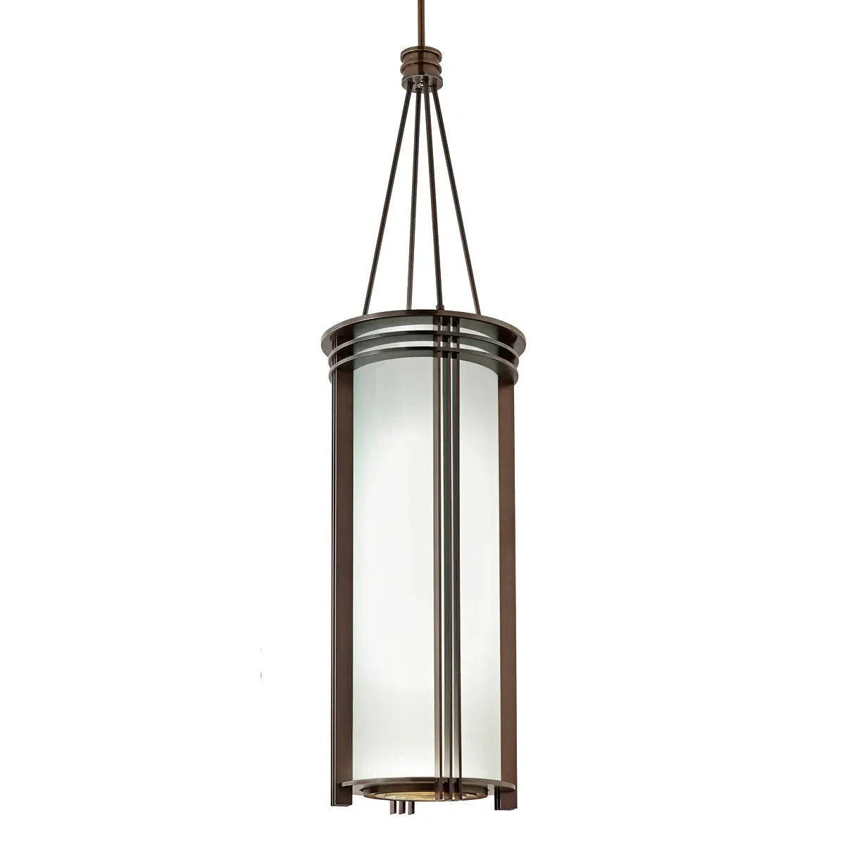 Bronze-finished pendant light with a cylindrical glass shade and vertical metal accents.