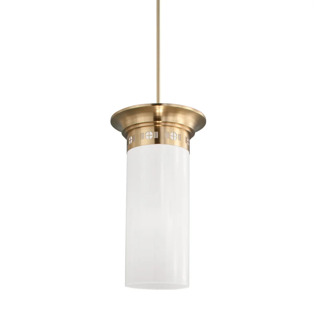 A sleek, cylindrical pendant light with a brushed brass finish and frosted glass shade.