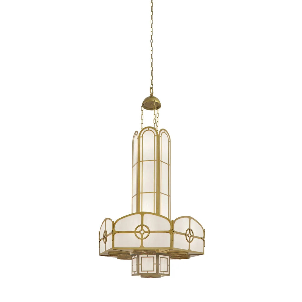 Gold-toned art deco chandelier with frosted glass panels and geometric metal framing.