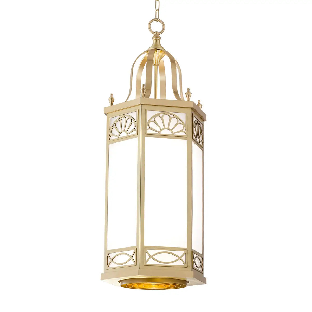 Brass lantern with ornate, arched metalwork and frosted glass panels.