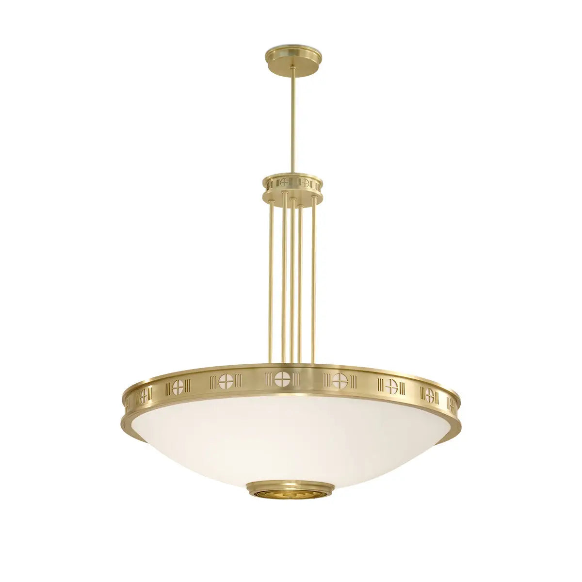 Gold-toned art deco chandelier with a frosted glass shade and geometric detailing.