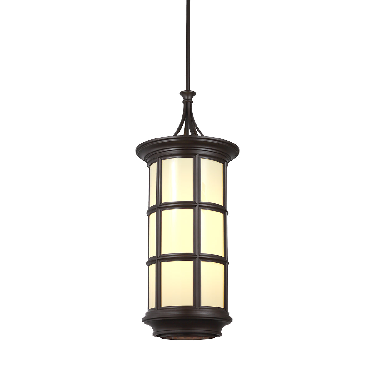 Dark bronze pendant lantern with a grid of warm, frosted glass panels.