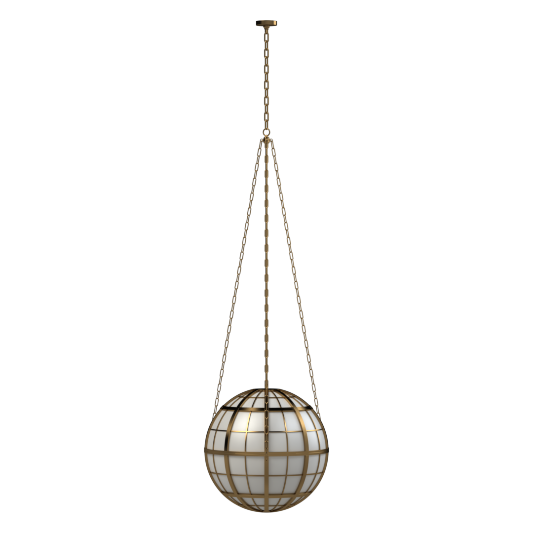 Hampton Roads Globe Pendant - polished brass finish, side profile showing tripod chain suspension system