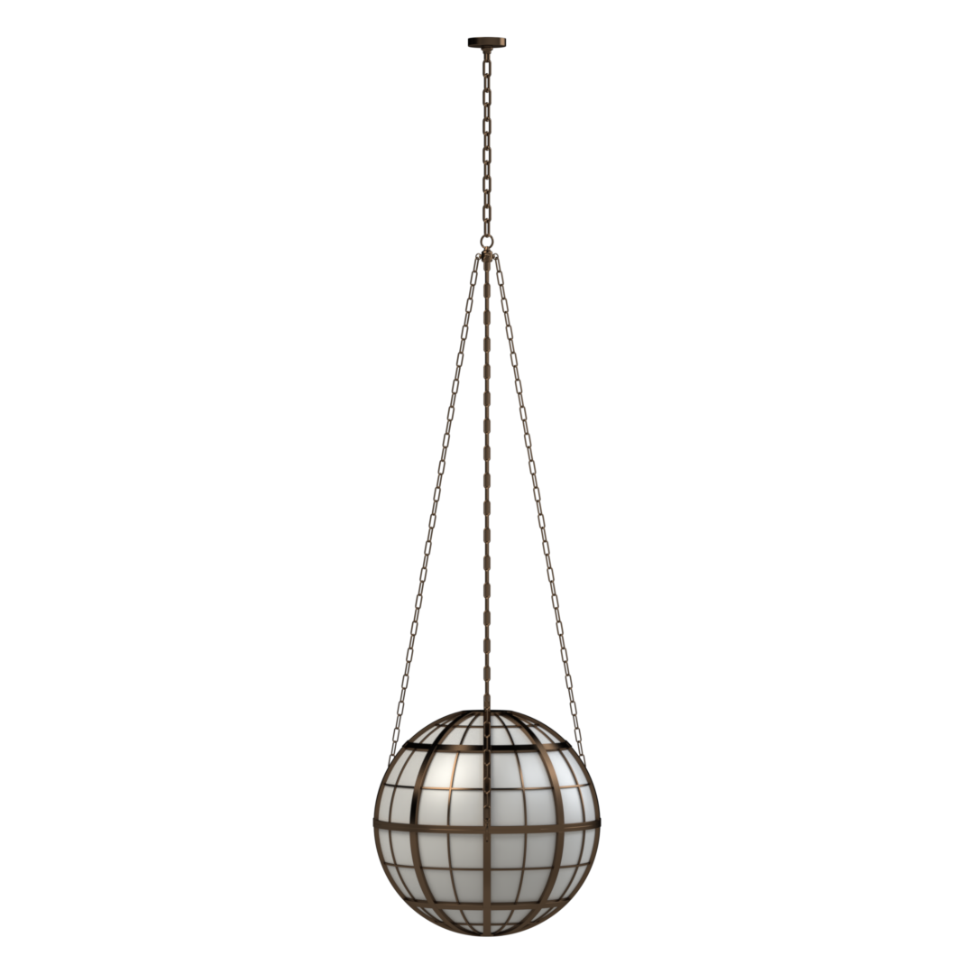 Hampton Roads Globe Pendant - polished brass finish, detail of brass grid framework and translucent panels