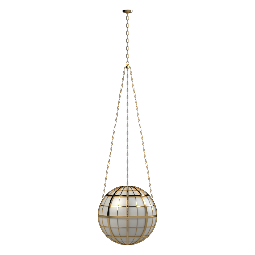 Hampton Roads Globe Pendant - polished brass finish, front elevation showing spherical globe form with latitude/longitude grid pattern