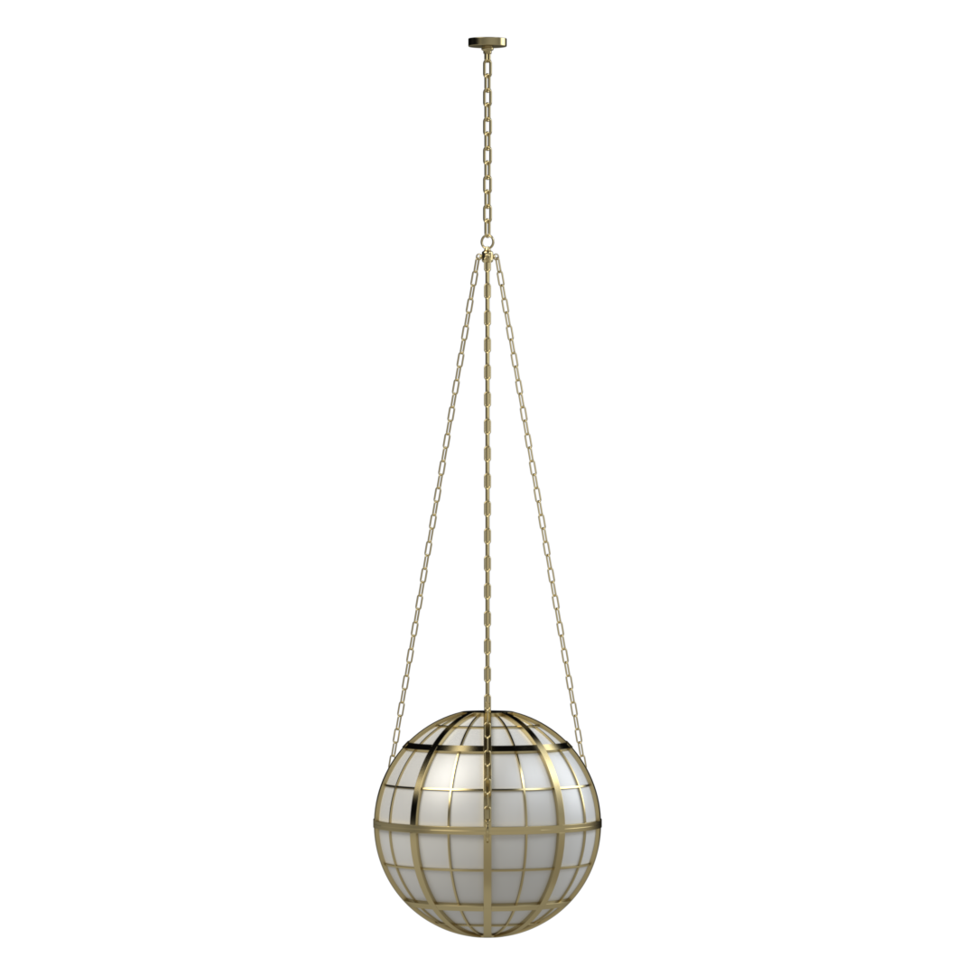 Hampton Roads Globe Pendant - polished brass finish, three-quarter view showing white frosted glass panels