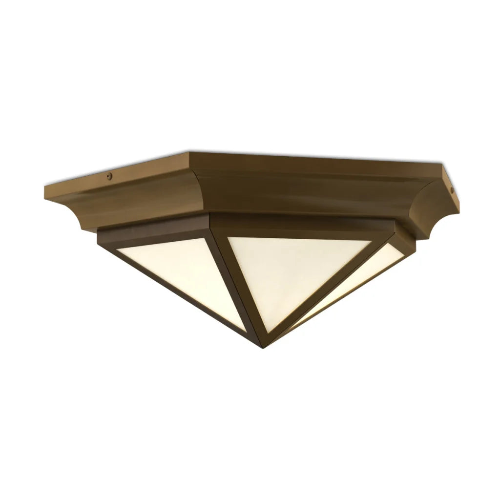 Bronze square flush mount light fixture with frosted glass shade and wooden trim.