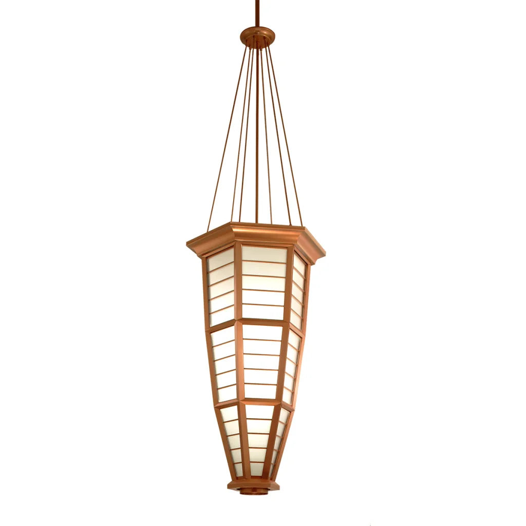 Wooden hanging lantern with glass panels and woven cord suspension, natural wood finish.